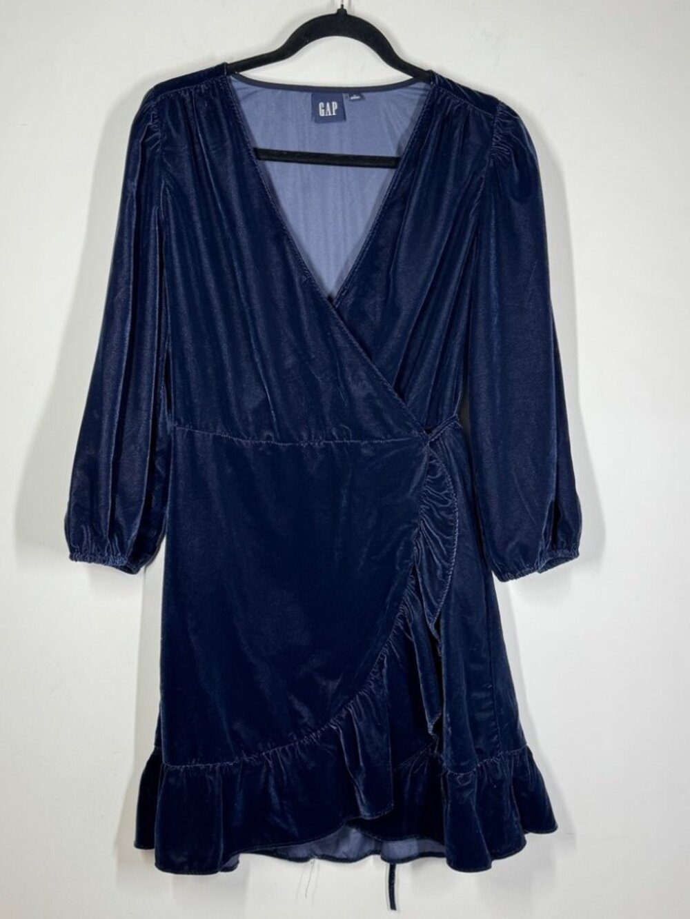 GAP Velvet Wrap Dress Navy Blue Size M Ruffle Hem Holiday Party Formal Chic - Picture 2 of 13